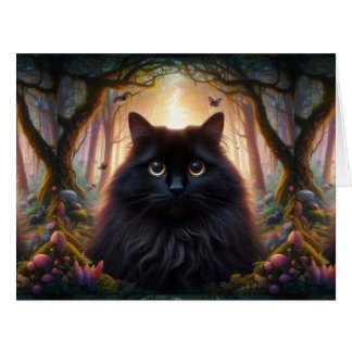 Beautiful Fluffy Black Cat with Gold Eyes Cards