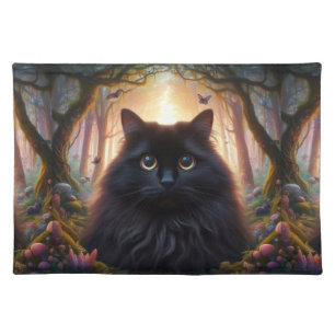Beautiful Fluffy Black Cat with Gold Eyes Cloth Placemat