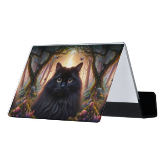 Beautiful Fluffy Black Cat with Gold Eyes Desk Business Card Holder