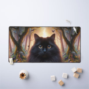 Beautiful Fluffy Black Cat with Gold Eyes Desk Mat
