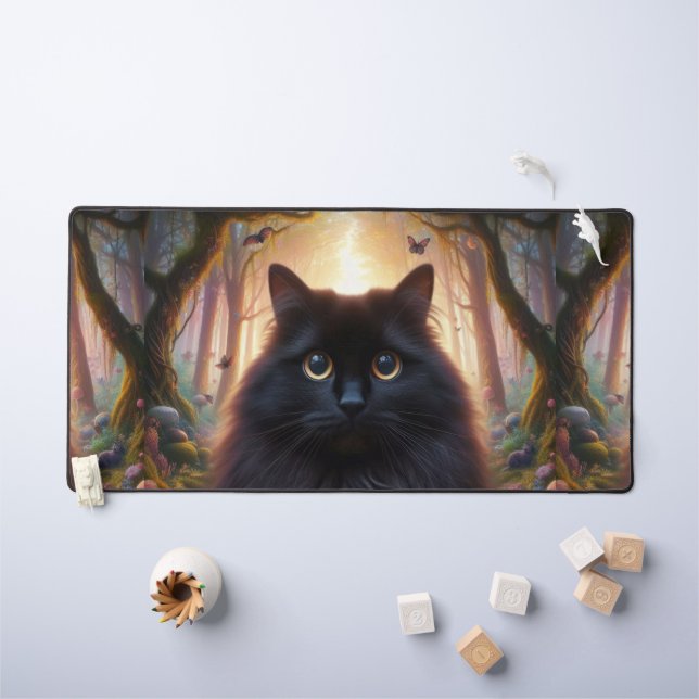 Beautiful Fluffy Black Cat with Gold Eyes Desk Mat (Kids Table)