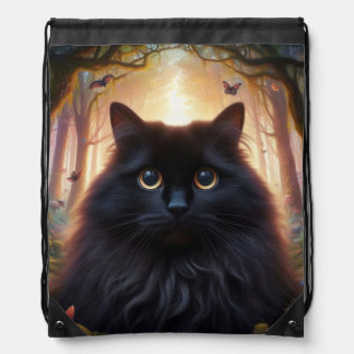Beautiful Fluffy Black Cat with Gold Eyes Drawstring Bag