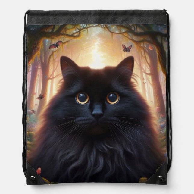 Beautiful Fluffy Black Cat with Gold Eyes Drawstring Bag (Front)