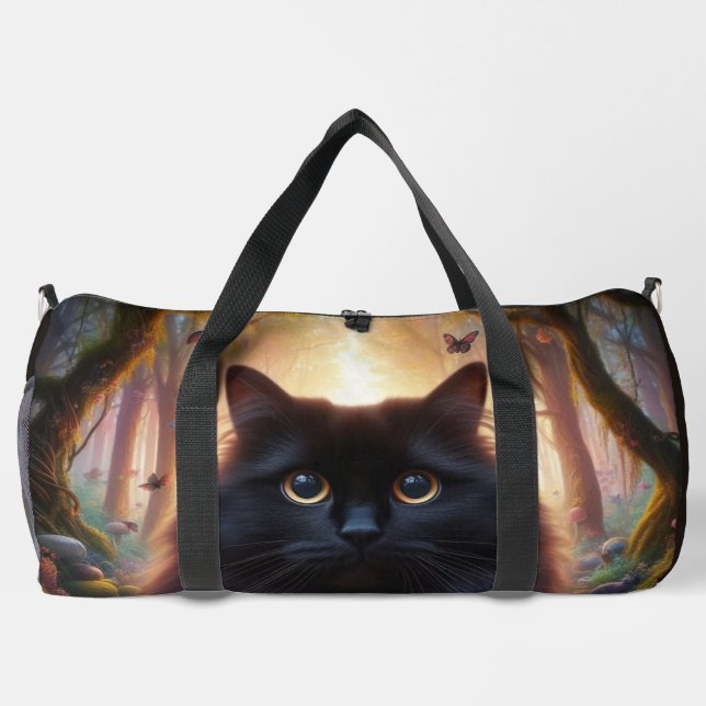 Beautiful Fluffy Black Cat with Gold Eyes Duffle Bag (Back)