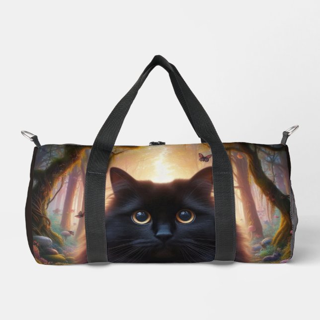 Beautiful Fluffy Black Cat with Gold Eyes Duffle Bag (Front)