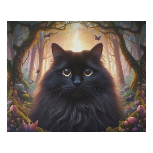 Beautiful Fluffy Black Cat with Gold Eyes Faux Canvas Print (Front)