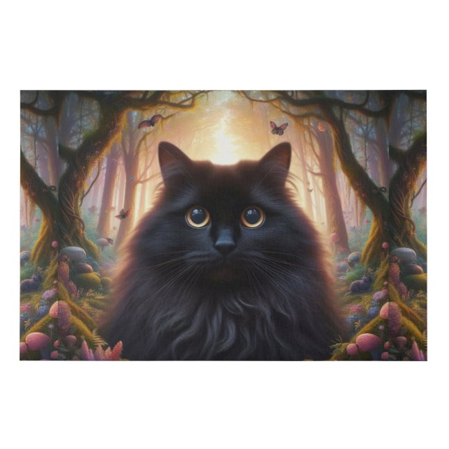 Beautiful Fluffy Black Cat with Gold Eyes Faux Canvas Print (Front)