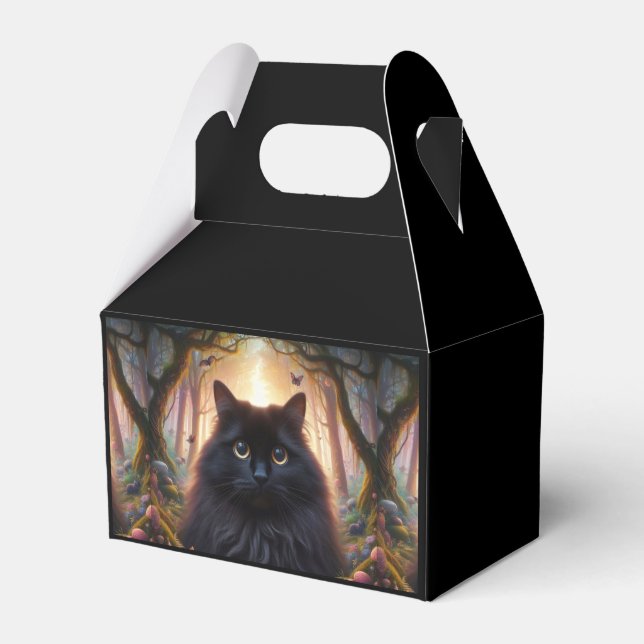 Beautiful Fluffy Black Cat with Gold Eyes Favor Boxes (Front Side)