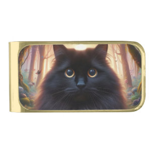 Beautiful Fluffy Black Cat with Gold Eyes Finish Money Clip