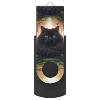 Beautiful Fluffy Black Cat with Gold Eyes Flash Drive