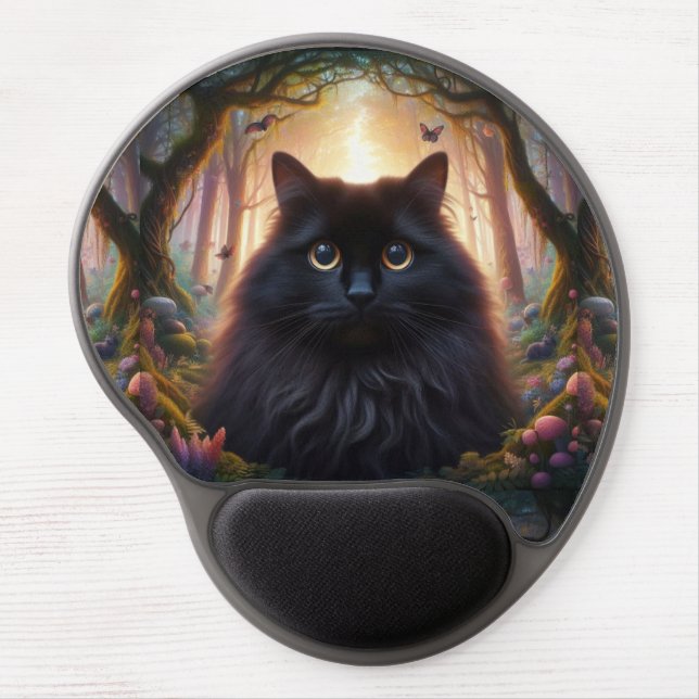 Beautiful Fluffy Black Cat with Gold Eyes Gel Mouse Pad (Front)