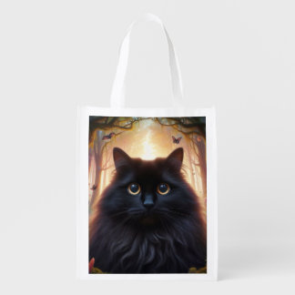 Beautiful Fluffy Black Cat with Gold Eyes Grocery Bag