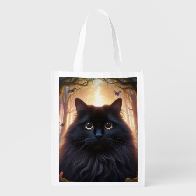 Beautiful Fluffy Black Cat with Gold Eyes Grocery Bag (Front)