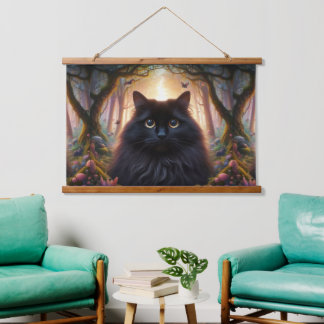 Beautiful Fluffy Black Cat with Gold Eyes Hanging Tapestry