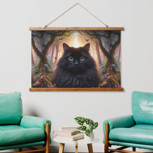 Beautiful Fluffy Black Cat with Gold Eyes Hanging Tapestry (Living Room)