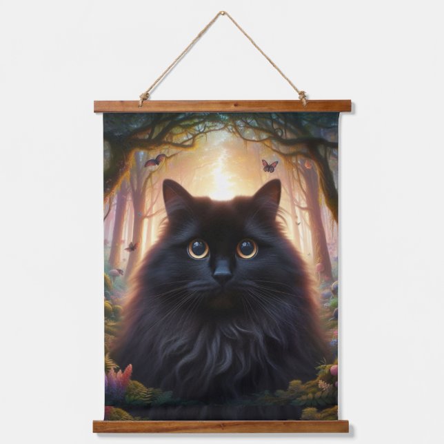 Beautiful Fluffy Black Cat with Gold Eyes Hanging Tapestry (Front)