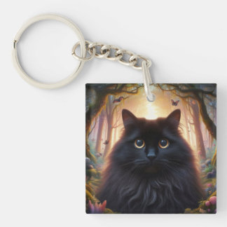 Beautiful Fluffy Black Cat with Gold Eyes Keychain