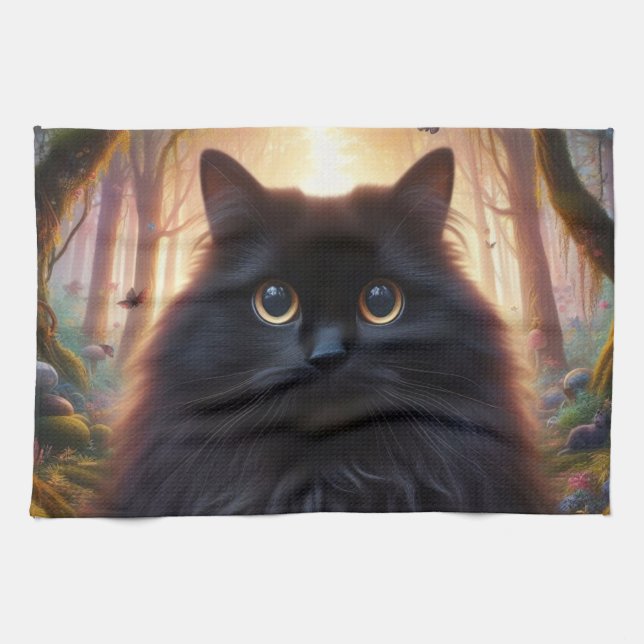 Beautiful Fluffy Black Cat with Gold Eyes Kitchen Towel (Horizontal)