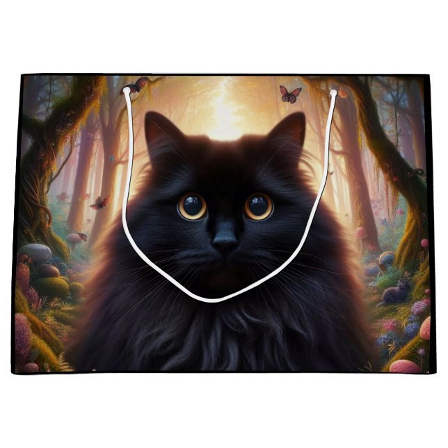 Beautiful Fluffy Black Cat with Gold Eyes Large Gift Bag (Front)