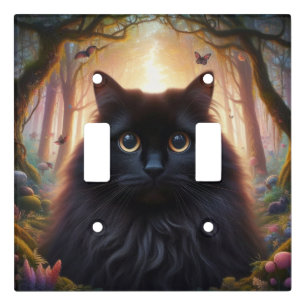 Beautiful Fluffy Black Cat with Gold Eyes Light Switch Cover