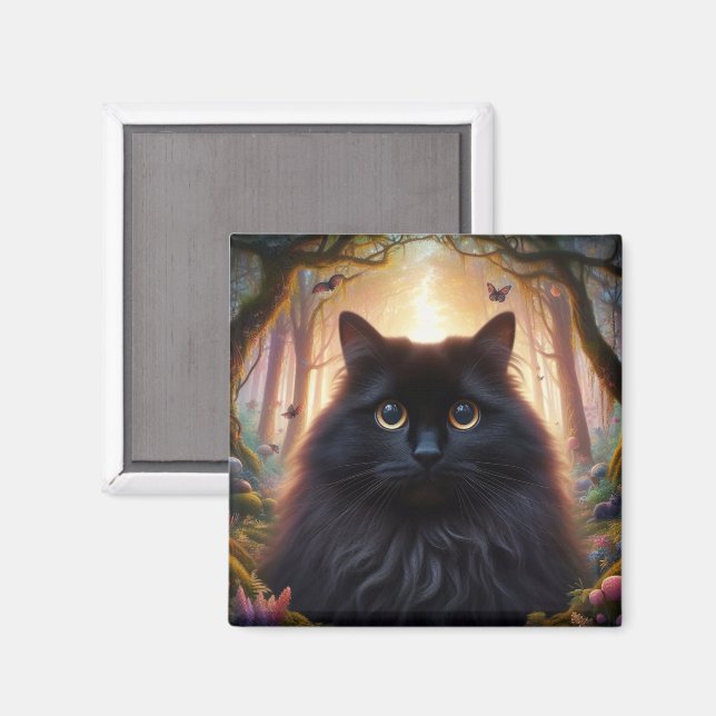 Beautiful Fluffy Black Cat with Gold Eyes Magnet (Front/Back)