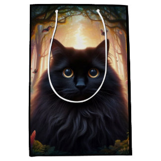 Beautiful Fluffy Black Cat with Gold Eyes Medium Gift Bag