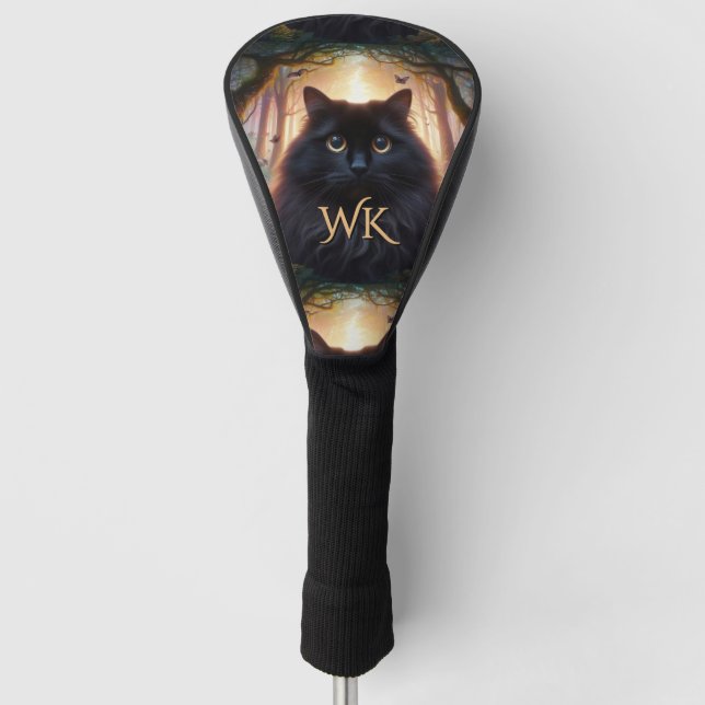 Beautiful Fluffy Black Cat with Gold Eyes Monogram Golf Head Cover (Front)