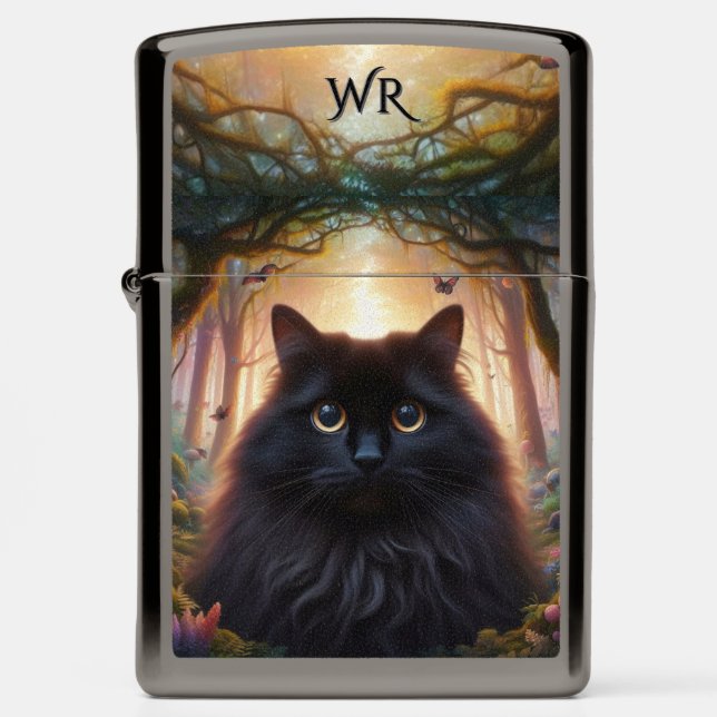 Beautiful Fluffy Black Cat with Gold Eyes Monogram Zippo Lighter (Front)