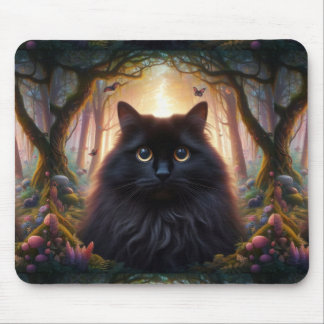 Beautiful Fluffy Black Cat with Gold Eyes Mouse Pad