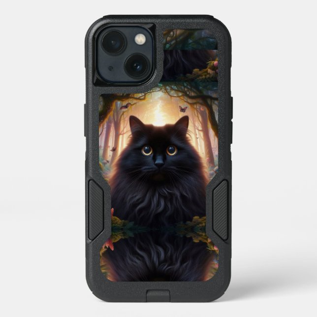 Beautiful Fluffy Black Cat with Gold Eyes Otterbox iPhone Case (Back)
