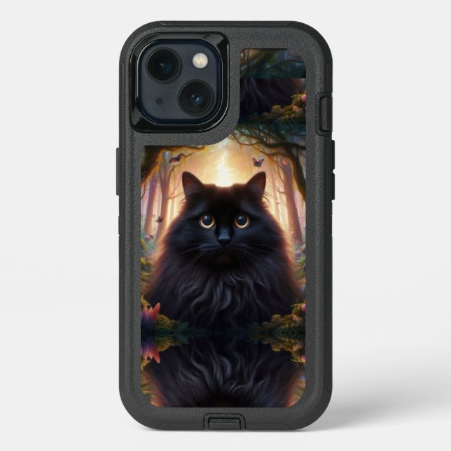 Beautiful Fluffy Black Cat with Gold Eyes Otterbox iPhone Case (Back)