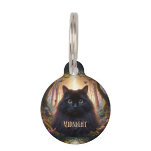 Beautiful Fluffy Black Cat with Gold Eyes Pet ID Tag