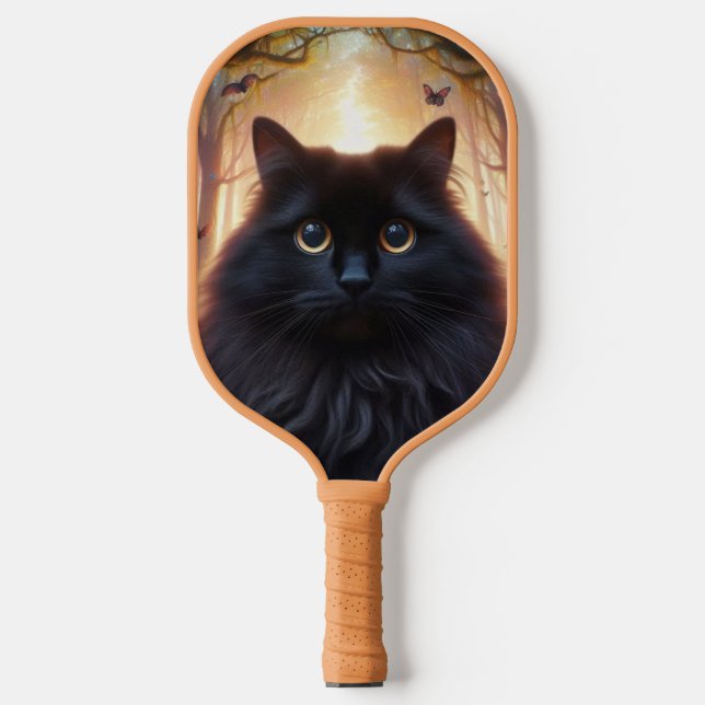 Beautiful Fluffy Black Cat with Gold Eyes Pickleball Paddle (Front)
