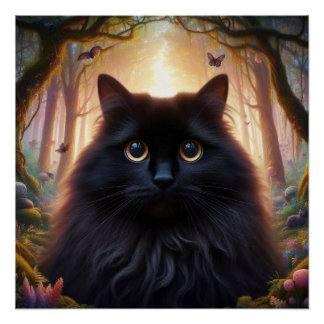 Beautiful Fluffy Black Cat with Gold Eyes Poster