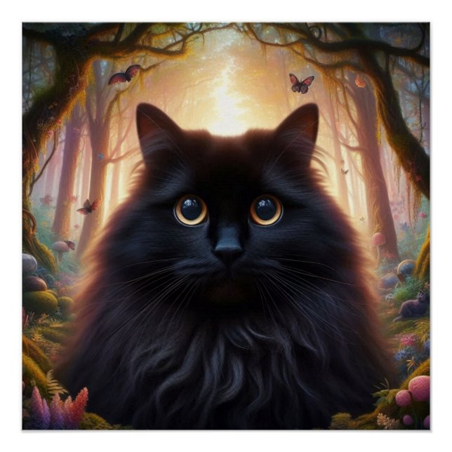 Beautiful Fluffy Black Cat with Gold Eyes Poster (Front)