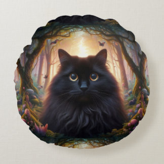 Beautiful Fluffy Black Cat with Gold Eyes Round Pillow