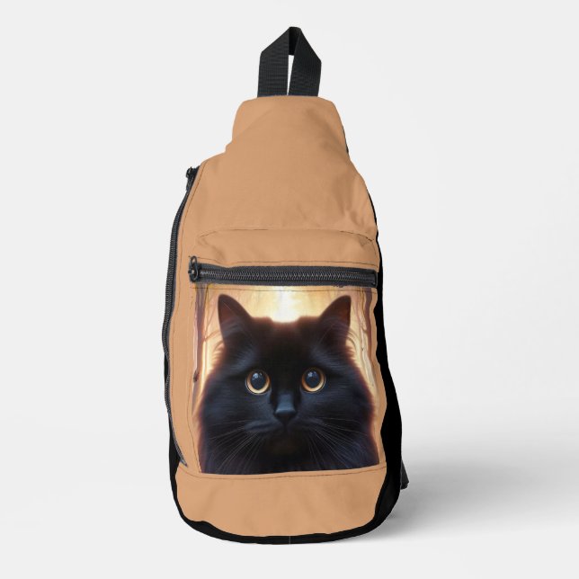 Beautiful Fluffy Black Cat with Gold Eyes Sling Bag (Front)