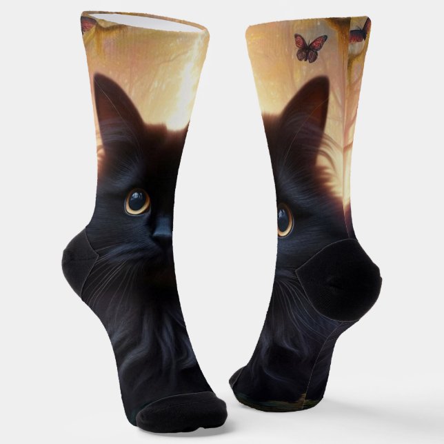 Beautiful Fluffy Black Cat with Gold Eyes Socks (Angled)