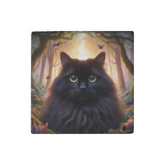Beautiful Fluffy Black Cat with Gold Eyes Stone Magnet