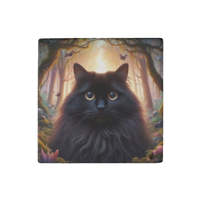 Beautiful Fluffy Black Cat with Gold Eyes Stone Magnet (Front)