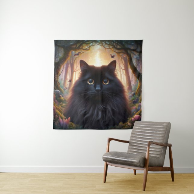 Beautiful Fluffy Black Cat with Gold Eyes Tapestry (In Situ)