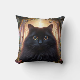 Beautiful Fluffy Black Cat with Gold Eyes Throw Pillow