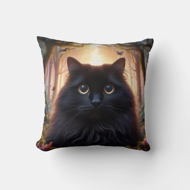 Beautiful Fluffy Black Cat with Gold Eyes Throw Pillow (Front)