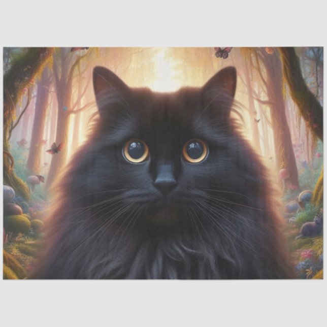 Beautiful Fluffy Black Cat with Gold Eyes Tissue Paper (Front)