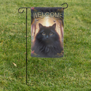 Beautiful Fluffy Black Cat with Gold Eyes Welcome Garden Flag