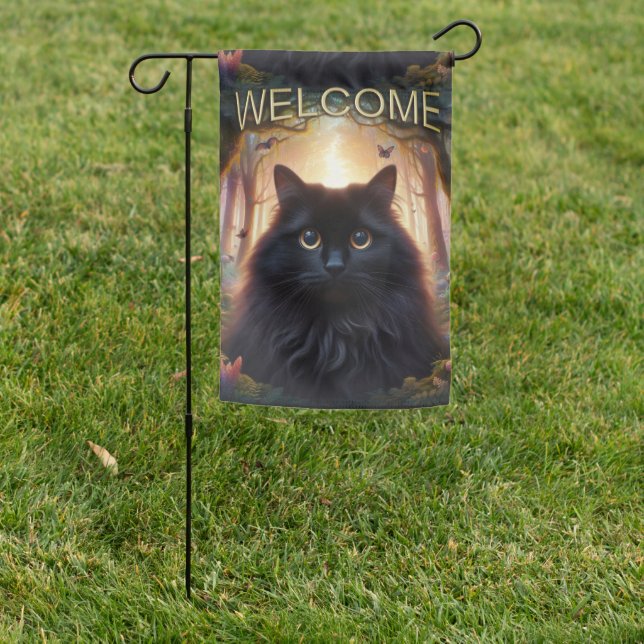 Beautiful Fluffy Black Cat with Gold Eyes Welcome Garden Flag (In SItu)