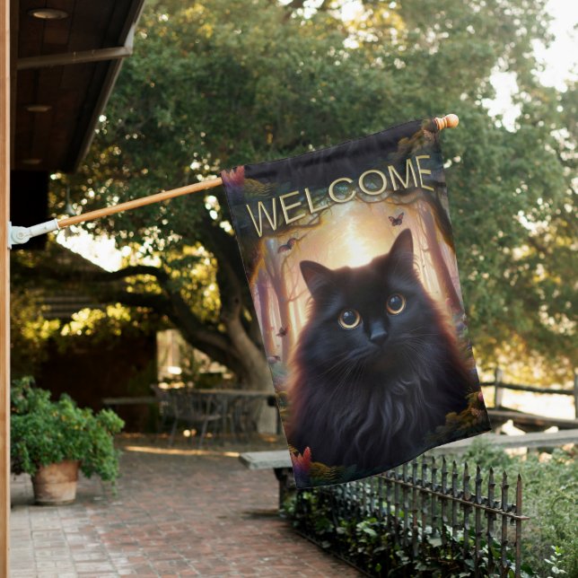 Beautiful Fluffy Black Cat with Gold Eyes Welcome House Flag (In SItu)