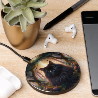 Beautiful Fluffy Black Cat with Gold Eyes Wireless Charger
