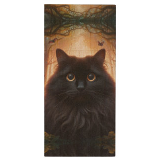 Beautiful Fluffy Black Cat with Gold Eyes Wood Flash Drive