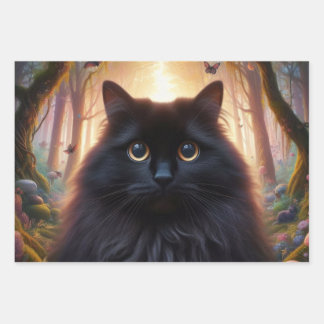 Beautiful Fluffy Black Cat with Gold Eyes Wrapping Paper Sheets